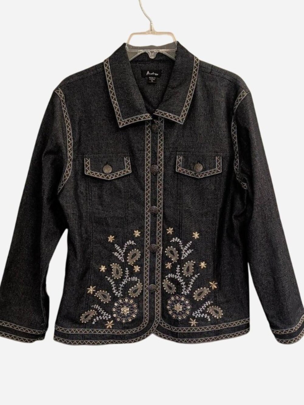 Analogy Embroidered Black Stretch Denim Jacket | Paisley Detail | Size XL
